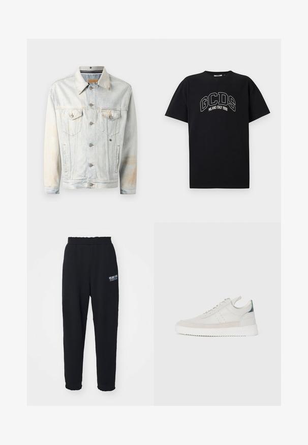 MM6 Maison Margiela UNISEX - Cowboyjakker - light blue; Sort bomulds T-shirt med korte ærmer. Har hvidt GCDS-logo og teksten "MILANO ITALY 1988" i en bue. Standard pasform og rund hals.; Sorte sweatpants lavet af blød stof, med en strækbar talje, indsnævrede ben og et lille hvidt logo på venstre side.; Hvide lædersneakers med grå ruskindsdetaljer, snørebåndsdesign, hævet tab og tekstureret gummisål med zigzag-mønster.