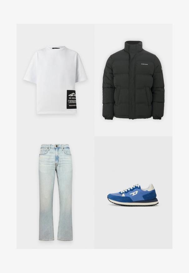 Schwarze Pufferjacke mit hohem Kragen, elastischen Bündchen, Seitentaschen und "GUESS JEANS" Logo auf der Brust sowie einer Auszeichnung am linken Ärmel.; Weißes Baumwoll-T-Shirt mit Rundhalsausschnitt, kurzen Ärmeln und einem schwarzen Etikett mit Logo und Text in der unteren rechten Ecke.; Helle blaue Denim-Jeans mit hoher Taille, geradem Beinanschnitt und sanften Verwaschungen. Verfügt über fünf Taschen und einen Metallknopfverschluss.; Blaue Sportschuh mit Wildleder- und Mesh-Materialien, runder Zehenform, weißen Schnürsenkeln und einer schwarzen Gummisohle mit Profilmuster.