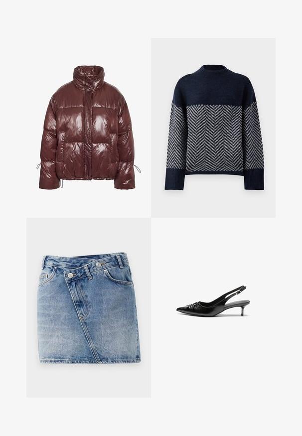 Casaco acolchoado castanho avermelhado feito de material brilhante e acolchoado. Apresenta gola alta, cordão elástico nas mangas e grandes bolsos frontais.; Sweater azul-marinho com gola alta, apresentando um padrão zig-zag em creme. Tecido de malha texturizada, ombros caídos e punhos canelados.; Saia mini de ganga em azul claro, com costuras anguladas, dois bolsos frontais e dois botões metálicos na cintura. Acabamento texturizado e usado.; Sapatos de salto alto slingback em couro preto com bico fino, pequeno salto kitten e um detalhe decorativo em forma de nó na parte da frente. Textura suave em toda a parte.