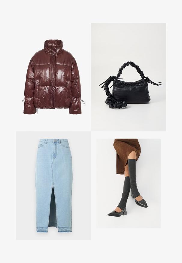 Giacca imbottita color bordeaux realizzata in materiale lucido e imbottito. Presenta un colletto alto, coulisse elastiche alle maniche e grandi tasche frontali.; Maglione blu navy con collo alto, caratterizzato da un motivo a zigzag color crema. Tessuto a maglia texturizzato, spalle scese e polsini a coste.; Gonna di denim azzurro chiaro con spacco frontale e cinturino in vita. Presenta il classico design a cinque tasche e chiusura con bottone in metallo.; Scarpe nere in pelle verniciata con punta affilata, tacco a blocco e cinturino alla caviglia, abbinate a scaldamuscoli grigi a coste e una gonna in suede marrone.; Borsa a tracolla in ecopelle nera con texture a coccodrillo, apertura cinchata e tracolla arricciata. Si presenta con un design morbido e compatto.