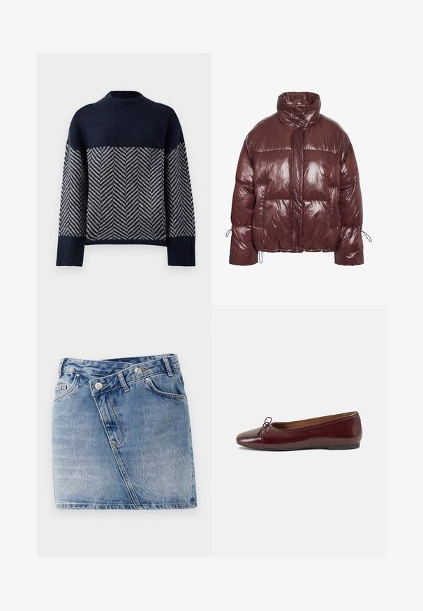 Bordo puhasta jakna, narejena iz sijočega, odebeljenega materiala. Ima visok ovratnik, elastičen vrvico na rokavih in velike sprednje žepke.; Mornarsko modra jopica z visokim ovratnikom, ki ima chevron vzorec v krem barvi. Teksturirana pletenina, padli ramena in rebrasti zaključki rokavov.; Denim mini krilo v svetlo modri barvi, z nagnjenimi šivi, dvema sprednjima žepoma in dvema kovinskima gumboma na pasu. Nošen, teksturiran videz.; Burgundska patenti usnjeni baletni čevlji z zaobljenim prstom, majhnim lokom na sprednji strani in nizkim črnim gumijastim podplatom. Gladka tekstura.