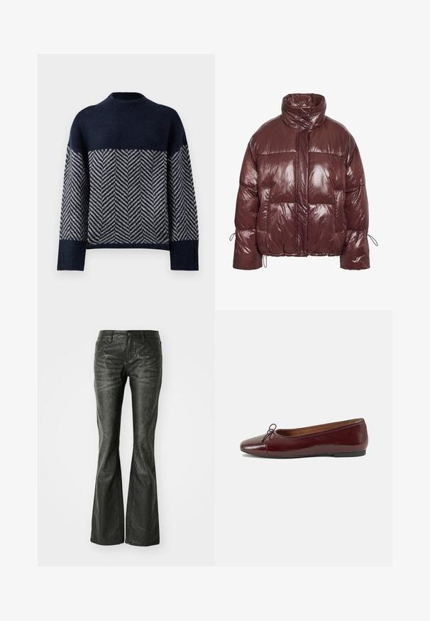 Väriltään viininpunainen puffer-takki, joka on valmistettu kiiltävästä, toppatusta materiaalista. Siinä on korkea kaulus, hihoissa kuminauhalla säädettävä kiristysnauha ja suuret etutaskut.; Laaju navy sininen villapaita, jossa on korkea kaula-aukko ja vaalean cremin värinen viistokuvio. Rakenne neulekangasta, roikkuvat olkapäät ja ribattu hihansuu.; Mustat tekonahkaiset levenevät farkut etutaskuilla, metallinappikiinnityksellä ja hieman teksturoituneella pinnalla. Suora lahje pitkällä leikkauksella.; Burgundin värinen lakattu nahkainen ballerinatossu pyöreällä varvaskärjellä, pienen nauhan yksityiskohdalla edessä ja matalalla mustalla kumipohjalla. Sujuva pinta.