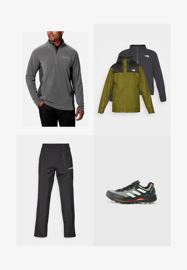 Két dzseki látható: egy zöld vízálló dzseki fekete gallérral és logóval, valamint egy sötétszürke softshell dzseki cipzárral.; Szürke bolyhos pulóver negyed cipzárral, puha текстúrával, hosszú ujjakkal és logóval a mellkasán. Kontrasztos oldalsó panelek díszítik.; Fekete vízálló nadrág könnyű anyagból, elasztikus derékpánttal és oldalsó cipzáros zsebbel. Egyszerű, formázott dizájn.; Könnyű terepfutó cipő szürke és fekete hálós felsőrésszel, narancssárga elemekkel és barázdált talppal a tapadásért. Vízálló Gore-Tex bélés.