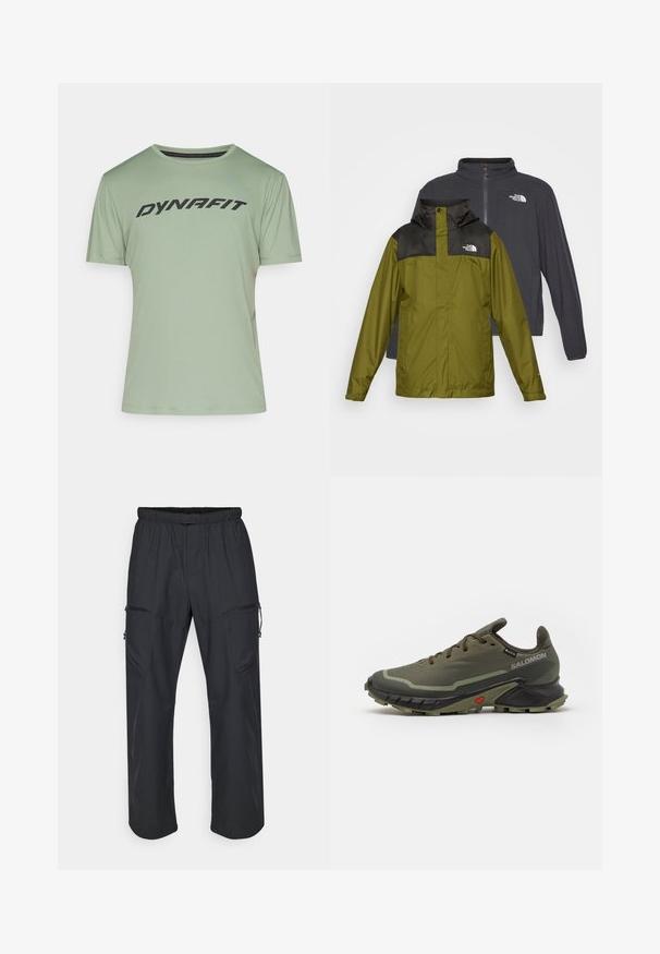 Kaks jakki kuvatud: roheline veekindel jakk musta krae ja logoga ning tumehall softshell jakk, millel on lukku.; Hele roheline lühikeste varrukatega sportlik särk, millel on ümmargune kaelus ja must "DYNAFIT" logo, mis on trükitud rinnale. Valmistatud siledast ja hingavast kangast.; Mustad mustad püksid, millel on elastne vöökohus, kaks lukuga taskut ja kerge, sile kangastekstuuri.; Olivroheline jooksushüved tekstuurse kangas ülemise osa, must kummist tallaga, ümar varvas ja reguleeritav lipsukujundus. Omab punaseid aktsente.