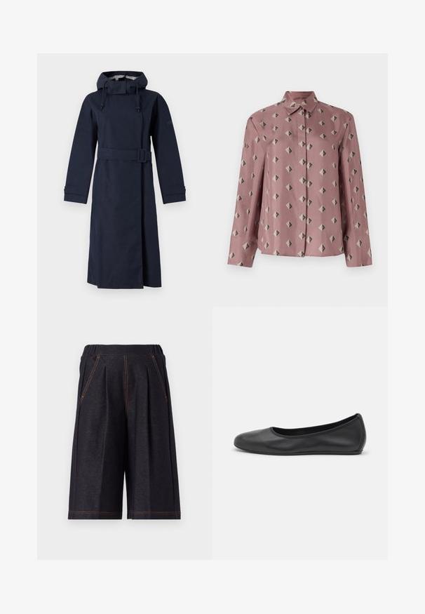 Tamsiai mėlynas lietpaltis su aukšta apykakle, ilgomis rankovėmis, reguliuojama kapišonu ir diržu juosmeniui. Pagamintas iš lygaus, vandeniui atsparaus medžiagos.; Šviesiai rožinė mygtukinė marškiniai, pagaminti iš minkšto audinio, su geometrišku raštu, sudarytu iš deimantų ir trikampių, atspalvių pilkos ir juodos spalvos. Ilgos rankovės, klasikinis apykaklė.; Tamsiai pilki šortai, pagaminti iš minkštos medžiagos, su klostėmis ir oranžiniais siūlės akcentais. Elastinga juosmens juosta patogumui, iki kelių ilgis.; Juodai odiniai baletai su apvaliu pirštu, lygi texture, minimalus siuvimo detales ir lanksčiu padų dizainu.