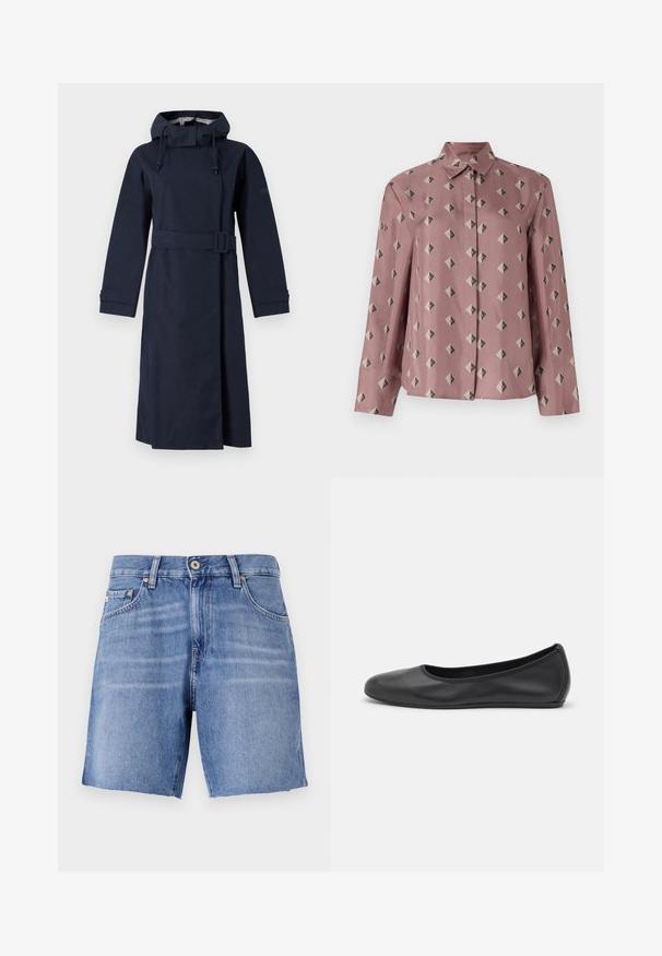 Tamnoplavi kišobran s visokim ovratnikom, dugim rukavima, podesivom kapuljačom i pojasom u struku. Napravljen od glatkog, vodootpornog materijala.; Košulja na gumbe od mekog ružičastog materijala koja sadrži geometrijski uzorak dijamanata i trokuta u prigušeno sivoj i crnoj boji. Dugi rukavi, klasičan ovratnik.; Svijetloplave traper šortse s ravnim krojem, rasparanim rubom, pet džepova i metalnim kopčanjem. Tkanina ima glatku teksturu s blagim izblijeđenjem.; Crne kožne baletanke s zaobljenim vrhom, glatke teksture, minimalnim detaljima šavova i fleksibilnim dizajnom potplata.