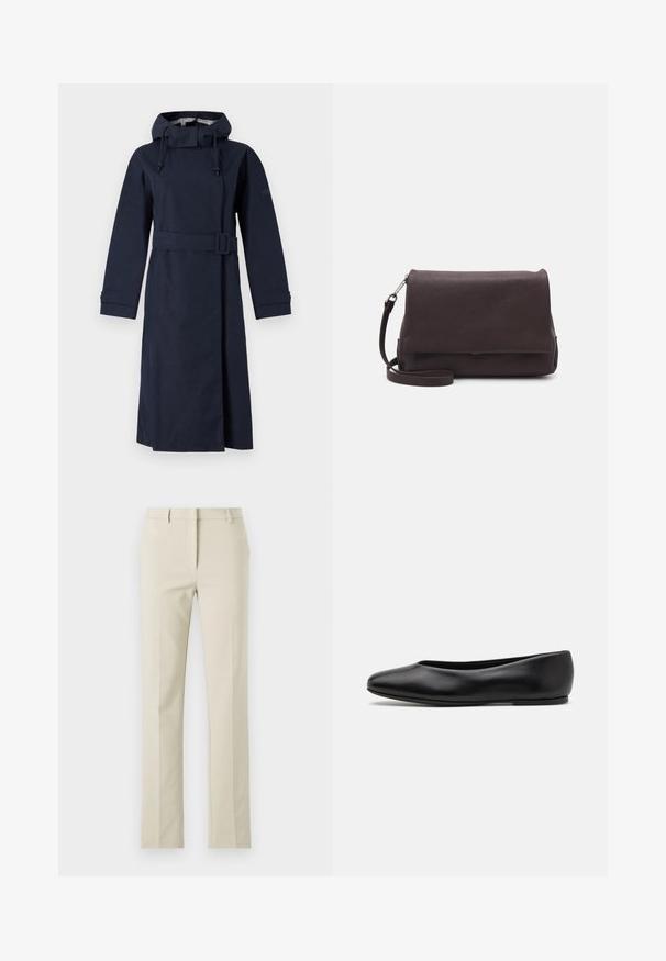 Impermeabil cu guler înalt, de culoare albastru marin, cu mâneci lungi, glugă ajustabilă și talie cu brâu. Fabricat dintr-un material fin, rezistent la apă.; Cămașă cu nasturi dintr-un material roz moale, având un model geometric cu diamante și triunghiuri în nuanțe de gri și negru. Mâneci lungi, guler clasic.; Pantaloni bej, croituri, cu față plată, picioare drepte, bucle pentru curea și o textură netedă. Design minimalist, fără modele vizibile.; Paul Smith TOPANGA - Balerini - black; Tiger of Sweden LIMBIATE UNISEX - Geantă crossbody - pure decadence