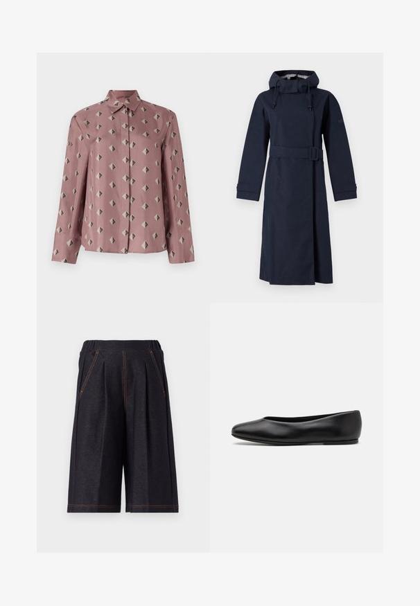 Capa de chuva azul-marinho com um colarinho alto, mangas longas, capuz ajustável e cintura com cinto. Feita de um material liso e resistente à água.; Camisa abotoada em tecido rosa suave, com um padrão geométrico de diamantes e triângulos em cinza e preto suaves. Mangas longas, colarinho clássico.; Calças curtas cinza-escuras feitas de tecido macio, com pregas e detalhes em costura laranja. Cintura elástica para conforto, design até aos joelhos.; Paul Smith TOPANGA - Sabrinas - black