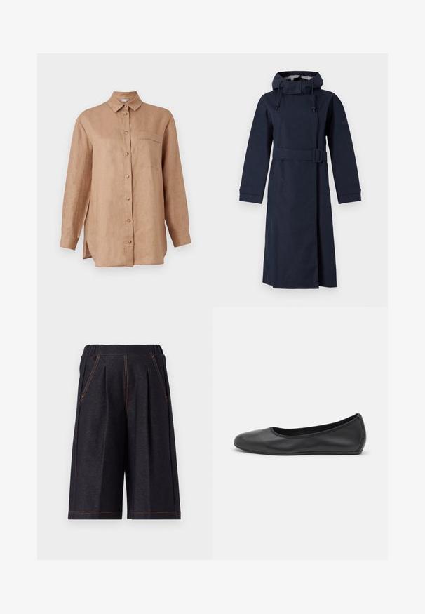 Tengerészkék esernyőkabát magas gallérral, hosszú ujjal, állítható kapucnival és övvel ellátott derékrésszel. Simább, vízálló anyagból készült.; Világosbarna, hosszú ujjú vászon ing gombos előlappal, gallérral és egyetlen mellzsebbel. Oldalsó hasítékokkal van ellátva a szabad mozgás érdekében.; Sötét szürke, puha anyagból készült rövidnadrág, pleátokkal és narancssárga varrási részletekkel. Rugalmas derékpánt a kényelemért, térd hosszúságú kivitel.; Fekete bőr balettcipő lekerekített orral, sima tekstúrával, minimális varrással és rugalmas talp kialakítással.