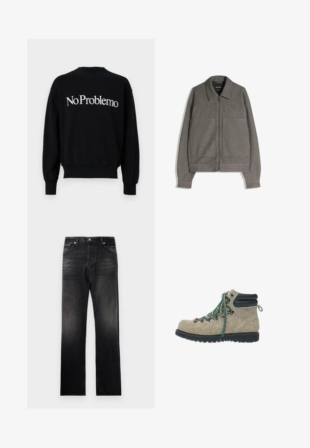 Grijze zip-up jack met een puntige kraag, twee grote voorzakken en een gestructureerde stof; ontworpen met wijde mouwen en een relaxte pasvorm.; Zwarte sweatshirt met ronde hals, voorzien van witte tekst "NoProblemo" over de borst. Ribgebreide manchetten en onderrand, zachte stofstructuur.; Zwarte denim jeans met een rechte pijp, voorzien van een vervaagde gradient-effect, vijf zakken ontwerp en metalen hardware accenten.; Wandelboot in beige textuur materiaal met groene en beige veters, zwart gewatteerd enkelkraag en dikke zwarte robuuste zool.