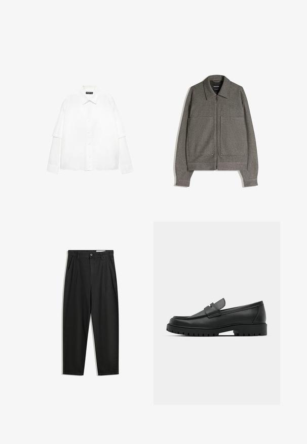 Giacca grigia con zip e colletto appuntito, due grandi tasche frontali e un tessuto testurizzato; progettata con maniche ampie e una vestibilità rilassata.; Camicia bianca a maniche lunghe in cotone con abbottonatura frontale, caratterizzata da un colletto classico e maniche oversize con vestibilità rilassata.; Pantaloni in cotone neri con una vestibilità rilassata, dotati di una vita classica, pieghe frontali e tasche laterali. Tessuto liscio senza fantasie.; Mocassini in pelle nera con punta rotonda, caratterizzati da un design cucito, suola piatta bassa e un battistrada in gomma testurizzata e scolpita.