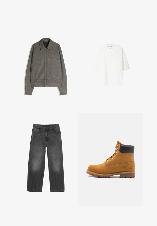 Sivi zip-up jakna s šiljastim ovratnikom, dva velika prednja džepa i teksturirani materijal; dizajnirana s širokim rukavima i opuštenim krojem.; Bijela majica kratkih rukava od pamuka, s okruglim izrezom i ležernim krojem te ravnim rubom.; Crne traperice širokih nogavica s neprimjetnim vertikalnim prugama, dizajnom s pet džepova i zatvaranjem na prednje kopče. Iznimno trošeni izgled blizu džepova.; Antracitne antilop čizme do gležnjeva s crnim podstavljenim ovratnikom, zlatnim metalnim rupicama, bijelim šavovima i robusnom gumenom potplatom s izraženim šarama.