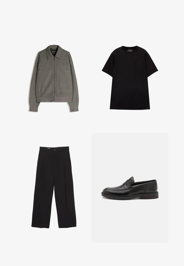 Grå lynlåsjakke med spids krave, to store forlommer og en tekstureret stof; designet med brede ærmer og en afslappet pasform.; PULL&BEAR JOIN LIFE - T-shirts basic - black; Sorte bukser med bred benvidde lavet af glat stof, med flad talje, frontfolder og en enkelt knaplukning.; Sorte læderloafers med en syet tådetalje, to vandrette remme over forsiden, og en træhæl. Glat tekstur og afrundet form.