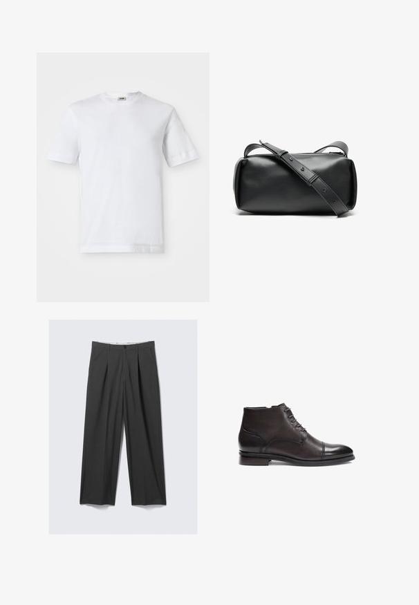 Szara kurtka zapinana na zamek z pointed kołnierzem, dwiema dużymi kieszeniami z przodu i strukturalną tkaniną; zaprojektowana z szerokimi rękawami i luźnym krojem.; Biała bawełniana koszulka z krótkim rękawem, okrągłym dekoltem i gładką teksturą. Brak widocznych wzorów lub akcentów.; Szare, szerokie spodnie z zakładkami. Wykonane z gładkiego materiału, z przodem na guziki i szlufkami na pasek. Płaski przód.; Brązowe skórzane botki za kostkę z wiązaniami, zaokrąglonym noskiem i przeszyciami. Posiadają niską, prostokątną obcas i gładką fakturę.; Czarna skórzana torba na ramię w kształcie cylindrycznym, z zamkiem błyskawicznym i regulowanym paskiem. Gładka faktura z minimalistycznymi detalami.