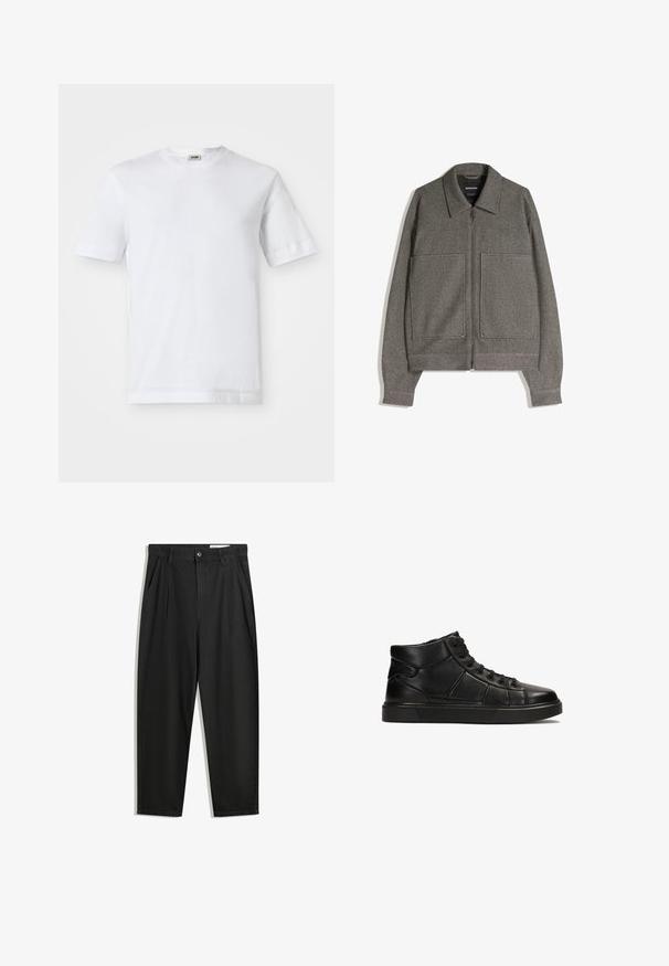 Gray zip-up jacket with a pointed collar, two large front pockets, and a textured fabric; designed with wide sleeves and a relaxed fit.; White cotton t-shirt with short sleeves, crew neckline, and a smooth texture. No patterns or accents are visible.; Black cotton trousers with a relaxed fit, featuring a classic waistband, front pleats, and side pockets. Smooth texture without patterns.; Black high-top sneaker made of smooth leather with a textured finish, featuring lace-up closure and a sturdy rubber sole.
