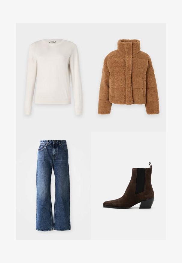 Giacca in pile marrone con collo alto, design trapuntato e tessuto strutturato. Presenta una chiusura frontale e maniche leggermente oversize.; Maglione lungo beige chiaro a maniche lunghe con colletto a giro, realizzato in morbido tessuto a maglia. Polsini e orlo a coste, texture liscia, design minimal.; Jeans in denim blu a gamba larga con vita alta. Presentano un classico design a cinque tasche, cuciture a contrasto e una finitura leggermente sbiadita.; rag & bone JONI CHELSEA - Stivaletti - dark brown