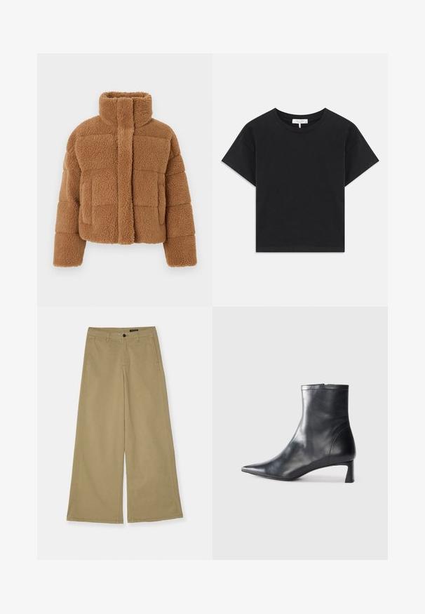 Veste en polaire marron avec un col montant, un design matelassé et un tissu texturé. Comprend une fermeture avant et des manches légèrement surdimensionnées.; T-shirt noir cropped en coton, avec un col rond, des manches courtes et un design simple sans motifs ni embellissements.; Pantalons larges kaki en coton, avec fermeture à bouton, poches latérales et détails de couture visibles. Texture lisse.; Bottine en cuir noir avec un bout pointu et un design épuré. Présente un petit talon et une fermeture éclair à l'arrière. Texture lisse.