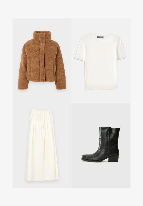 Giacca in pile marrone con collo alto, design trapuntato e tessuto strutturato. Presenta una chiusura frontale e maniche leggermente oversize.; Top corto a maniche corte di colore bianco, in maglia, con scollatura rotonda. Presenta una texture liscia e accenti a coste sottili sulle maniche e sull'orlo.; Longo, gonna color crema realizzata in tessuto leggero; presenta una vita elastica con un laccetto e un design fluido con texture minima.; Stivale ankle in pelle nera con punta arrotondata, tacco a blocco, cerniera laterale e dettagli in cucitura sulla tomaia. Texture liscia, design classico.