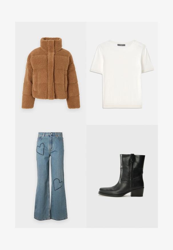 Rjava fleece jopa z visokim ovratnikom, prešito zasnovo in teksturirano tkanino. Ima sprednji zapenjanje in rahlo prevelike rokave.; Bela kratka pletena majica s kratkimi rokavi in okroglim izrezom, ki ima gladko teksturo in subtilne rebrovane detajle na rokavih in robu.; Svijetloplave traperice s resama koje imaju dva tamnoplava srca na prednjoj strani. Klasičan dizajn sa pet džepova i zatvaranjem na dugme.; Črne usnjene gležnjarje z zaobljenim nosom, blok peto, stransko zadrgo in šivanjem na vampu. Gladka tekstura, klasična zasnova.