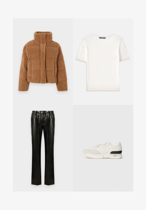 Pruun fliisist jakk kõrge kraega, tikandiga disainiga ja tekstureeritud kangast. Omaduseks esikinnis ja veidi üleguuritud varrukad.; Valge lühikeste varrukatega soonikutega viimistletud ringkaelusega kampsun, millel on sile tekstuur.; Must have kunstnahk püksid otsejalaga, millel on nööbid ja tõmblukku sulgemine, vööloop, ja küljetaskud, esitatud valge tausta ees.; Valged tennisajad, millel on tekstureeritud sametist varbakatteosa, siledast võrgust pealmine osa, dekoratiivsed nöörid ja musta kummist kontsa aksent.