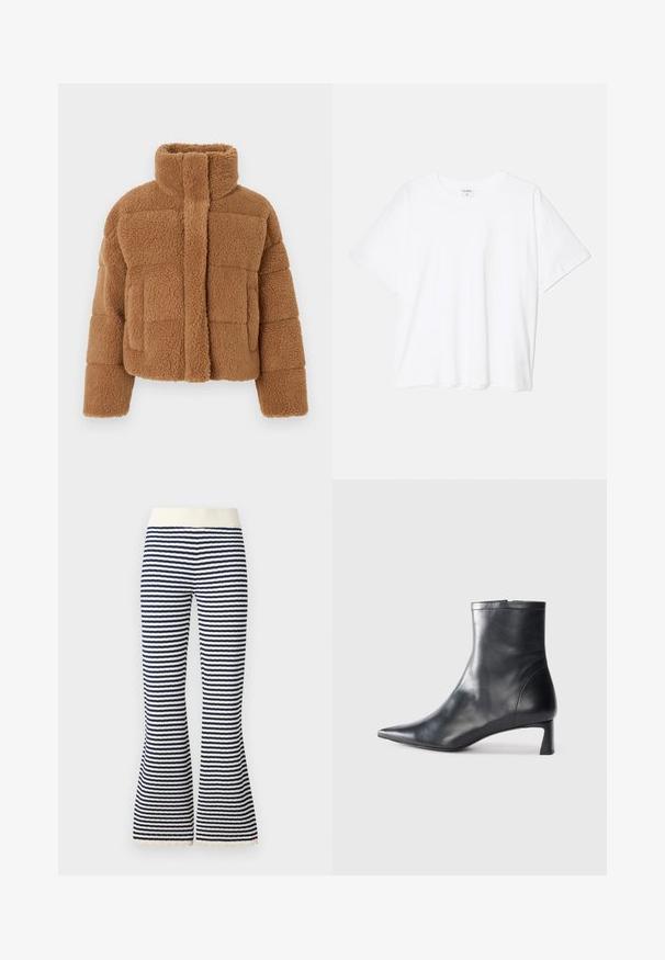 Jachetă maro din fleece cu guler înalt, design matlasat și țesătură texturată. Dispune de o închidere frontală și mâneci ușor supradimensionate.; Tricou alb din bumbac, cu mâneci scurte, guler rotund, croi lejer și tiv cusut. Eticheta este vizibilă pe interiorul gulerului.; Pantaloni evazați cu dungi, cu un brâu moale de culoare ivoriu, având dungi orizontale bleumarin și albe și o dantelă delicată la margine.; Cizmă de gleznă din piele neagră cu vârf ascuțit și un design elegant. Dispune de un toc mic și de o închidere cu fermoar la spate. Textură netedă.
