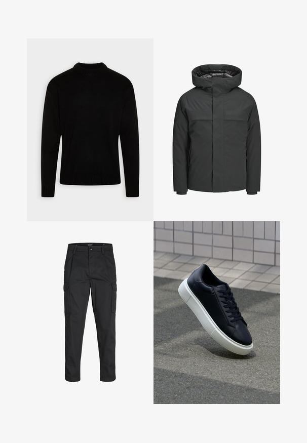 Juodas vandeniui atsparus švarkas, pasižymintis aukštu apykaklė, užtrauktuku užsegimu ir dviem krūtinės kišenėmis, turintis lygų paviršių ir minimalistinį dizainą.; Juodas megztinis su aukštu, raštuotu apykakle. Ilgomis rankovėmis ir raštuotais rankogaliais bei apatine dalimi. Lygus paviršius su paprastu, klasikinio dizaino. ; Juodi krovinių tipo džinsai, pagaminti iš tvirto audinio, su keliais kišeniais, mygtuko uždarymu ir siauru, prigludusiu dizainu su siaurėjančiomis kojomis.; Juodas odinis sportbačius su apvaliu pirštu ir baltu gumuotu padu. Turi plokščias raišteles ir minimalų siuvimą viršuje. Padangos tekstūra užtikrina sukibimą.