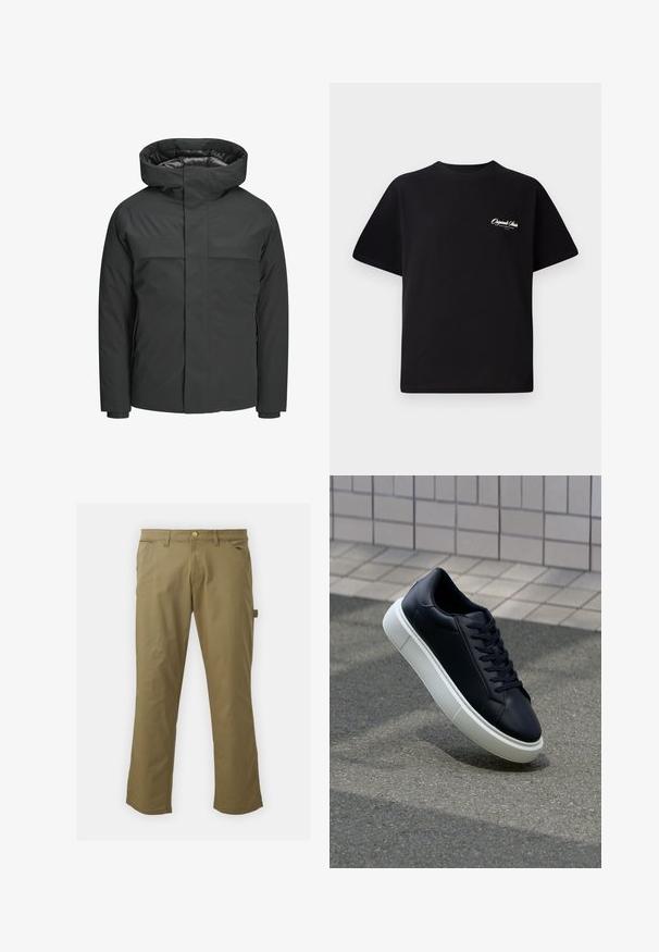 Veste imperméable noire avec un col montant, fermeture zippée et deux poches poitrine, au texture lisse et au design minimaliste.; T-shirt en coton noir avec col rond, manches courtes et petit texte logo blanc sur la poitrine gauche. Conception simple, coupe classique.; Pantalons kaki en tissu lisse, avec une fermeture à bouton, des passants de ceinture, deux poches avant et une poche latérale, au design droit.; Baskets noires en cuir avec bout arrondi et semelle en caoutchouc blanc. Elles présentent des lacets plats et une couture minimale sur la tige. Semelle texturée pour une bonne adhérence.