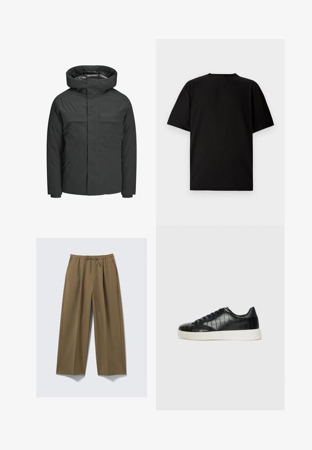 Schwarze wasserdichte Jacke mit hohem Kragen, Reißverschluss und zwei Brusttaschen, die eine glatte Textur und ein minimalistisches Design aufweist.; Schwarzes kurzärmeliges T-Shirt aus geripptem Stoff. Mit rundem Halsausschnitt und lockerer Passform sowie glatter Textur. Nur Rückansicht.; Weite Hosen in Olivgrün, hergestellt aus weichem Stoff mit einem elastischen Bund und verstellbarem Kordelzug. Mit zwei Seitentaschen.; Schwarze Sneakers mit einer strukturierten, krokodilPrägung aus Leder, runder Zehenpartie und einer kontrastierenden weißen Gummisohle mit glatter Oberfläche.