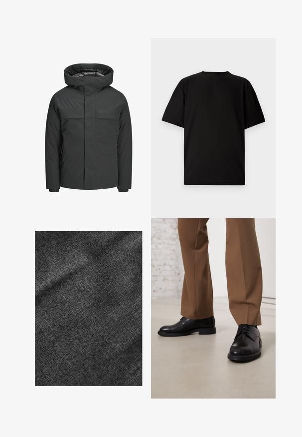 Chaqueta negra impermeable con un alto cuello, cierre de cremallera y dos bolsillos en el pecho, con una textura suave y un diseño minimalista.; Camiseta negra de manga corta hecha de tela acanalada. Presenta un cuello redondo y un corte relajado con una textura suave. Vista trasera únicamente.; Tejido negro texturizado con una superficie suave y ligeramente brillante, que muestra un sutil patrón de tejido y un caída suave.; Zapatos de cuero negro con superficie lisa y puntera redonda, que presentan cierre con cordones y una suela baja y plana. Combinados con pantalones marrones.