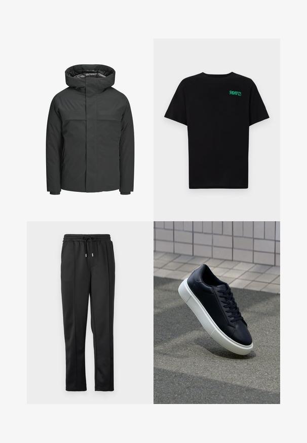 Črna vodoodporna jakna z visokim ovratnikom, zadrgo in dvema prsoma žepoma, gladke teksture in minimalističnega dizajna.; Črna majica iz bombaža z kratkimi rokavi. Na sprednji strani ima zeleno logotip "ROOTS", okroglo ovratnico in standardno prileganje.; Črne trenirke z vrvico v pasu, elastičnimi manšeti in gladkim materialom, ki ima subtilne detajle na stranskih panelih. Brez vidnih kovinskih delov.; Črne usnjene superge z zaobljenim prstom in belim gumijastim podplat. Imajo ravne vezalke in minimalno šivanje na zgornjem delu. Teksturirani podplat za oprijem.
