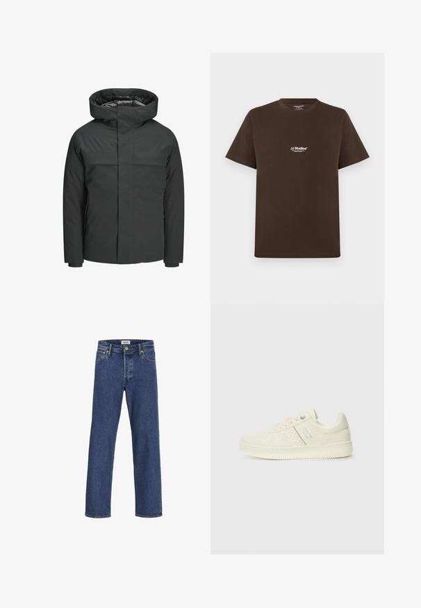 Melnā ūdensizturīgā jaka ar augstu apkakli, ar rāvējslēdzēju un divām krūšu kabatām, ar gludu tekstūru un minimālistisku dizainu.; Brūna kokvilnas T-kreklu ar īsām piedurknēm, apaļu kaklu un mazu baltu logo uz krūtīm. Gluda tekstūra un parasts piegriezums.; Tumši zili džinsi ar taisniem piegriezumiem, redzamām šuvēm un piecu kabatu dizainu; ar rāvējslēdzēju un ādas uzlīmi.; Krēmbaltie sporta apavi ar perforētu detaļām, auklām un logotipu sānos, attēloti uz vienkārša baltā fona.