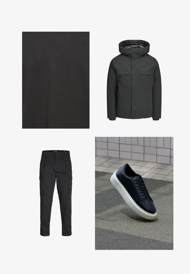 Czarna wodoodporna kurtka z wysokim kołnierzem, zapięciem na zamek oraz dwiema kieszeniami na piersiach, o gładkiej teksturze i minimalistycznym designie.; Czarny t-shirt wykonany z miękkiego materiału, charakteryzujący się gładką teksturą i prostym wzornictwem bez wzorów lub akcentów.; Czarne spodnie cargo wykonane z wytrzymałego materiału, z wieloma kieszeniami, zapięciem na guzik oraz zwężanym krojem nogawek.; Czarne skórzane sneakersy z okrągłym noskiem i białą gumową podeszwą. Posiadają płaskie sznurowadła i minimalne przeszycia na cholewce. Teksturowana podeszwa zapewnia przyczepność.