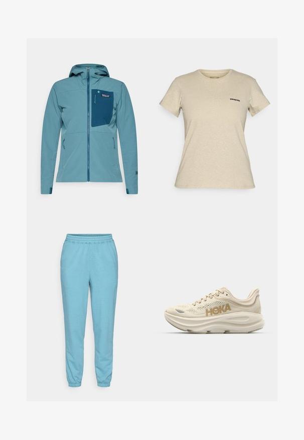 Zila, viegla jaka ar rāvējslēdzēja priekšpusi, regulējamu kapuci un krūšu kabatu. Iezīmes elastīgas aproces un teksturēts auduma raksts.; Bežs Patagonia īsām piedurknēm T-krekls ar apaļu kaklu, kuram kreisajā krūtī ir neliels melns logs, attēlots uz vienkārša fona.; Gaiši zilas sporta bikses, kas izgatavotas no mīksta, teksturēta auduma, ar elastīgu jostasvietu un piedurknēm, relaksētā stilā un sašaurinātām kājām.; Gaiša beiga skriešanas apava ar sietveida augšdaļu, mīkstu apkaklīti, izteiksmīgu "HOKA" zeltītu logotipu un biezu, mīkstinātu zoli komfortam.