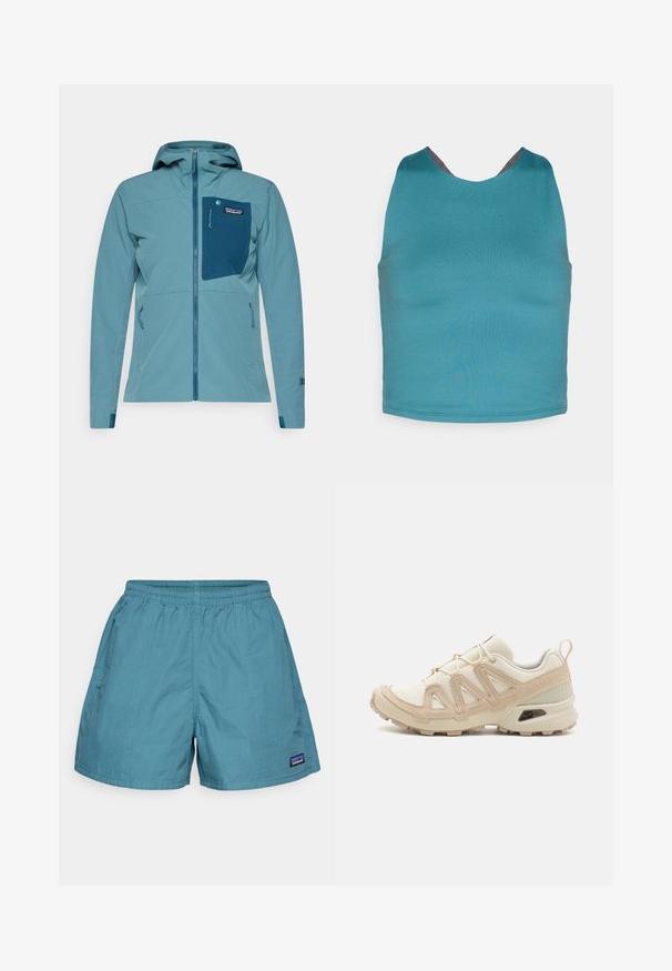 Chaqueta ligera azul con cierre frontal, capucha ajustable y bolsillo en el pecho. Cuenta con puños elásticos y un patrón de tela texturizado.; Camiseta sin mangas en color verde azulado con un escote redondeado y un acento gris en la parte posterior. Textura suave, diseño ajustado sin patrones ni herrajes adicionales.; Bañador para hombre en azul claro, hecho de tejido de secado rápido; cuenta con una cinturilla elástica y bolsillos laterales. Etiqueta del logo de Patagonia en el dobladillo.; Zapatilla deportiva beige y crema con parte superior de malla texturizada, superposiciones de soporte y suela de goma con un patrón de tracción.