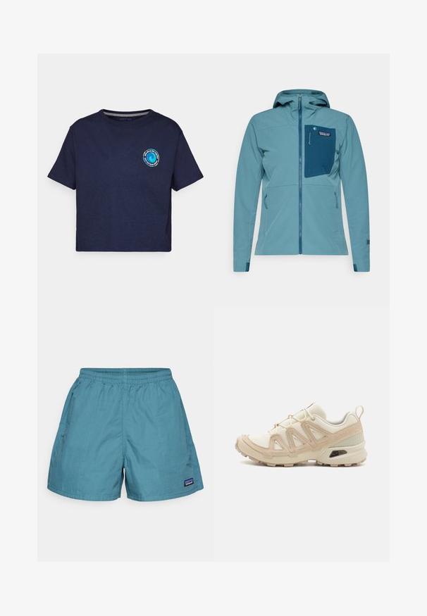 Blå, lett jakke med glidelås foran, justerbar hette og brystlomme. Har elastiske mansjetter og et teksturert stoffmønster.; Patagonia UNITY FITZ EASY CUT RESPONSIBILI-TEE - T-shirts med print - new navy; Lyseblå herresvømmebukser laget av hurtigtørkende materiale; har elastisk midjebånd og side lommer. Patagonia-logo merket på kanten.; Beige og krem joggesko med teksturert mesh-overdel, støttende overlegg og gummisåle med et mønster for godt grep.