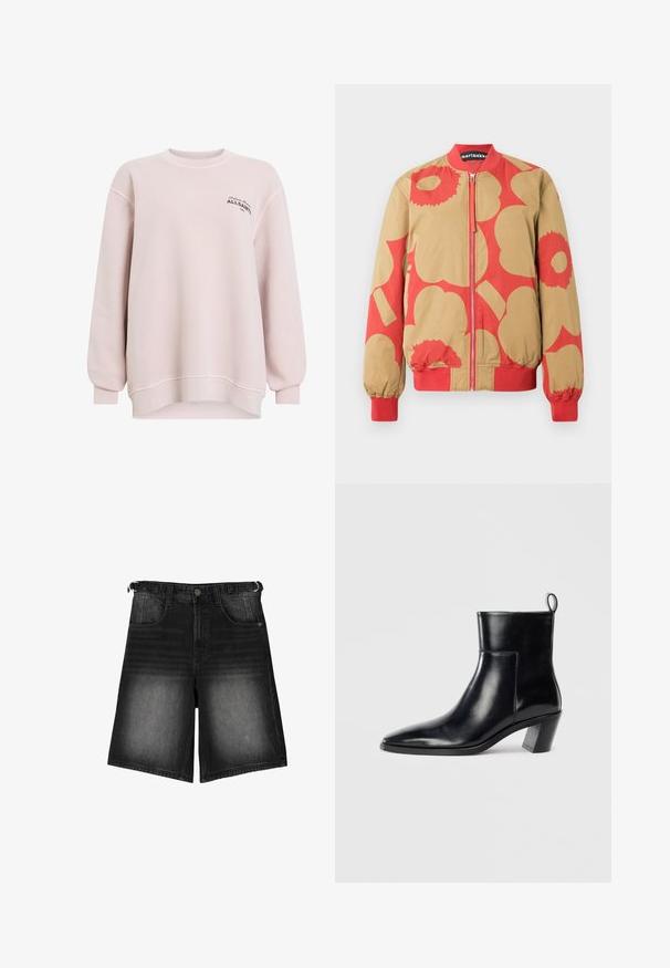 Bomber con motivo floreale beige e rosso, dotato di chiusura con cerniera e polsini a coste. Realizzato in tessuto liscio.; Felpa rosa chiaro realizzata in tessuto morbido. Caratterizzata da un collo tondo, maniche lunghe e dettagli con logo sul lato sinistro del petto. Vestibilità rilassata.; Shorts in denim nero con una finitura scolorita, cinque tasche, chiusura con bottone e passanti per cintura. Il tessuto ha una consistenza liscia.; Stivale alla caviglia in pelle nera con punta affusolata, tacco geometrico impilato e nastro di presa sul retro. Texture liscia e design elegante.