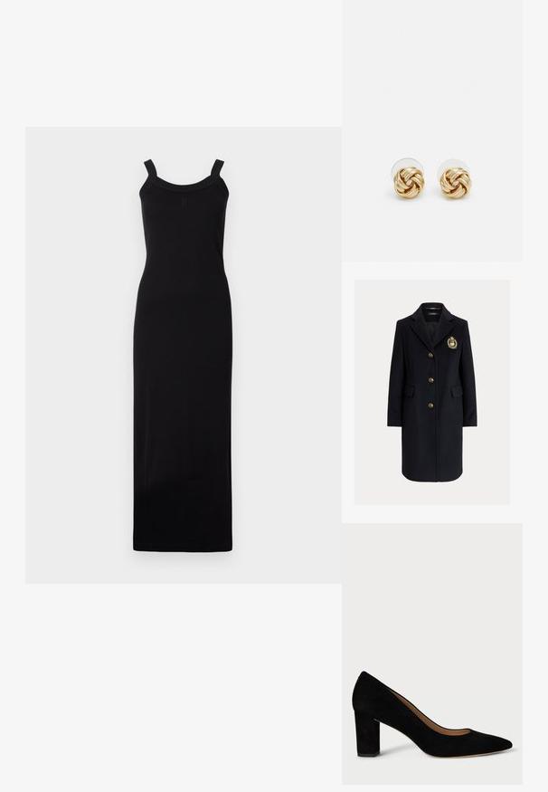 Mörkblå kappa i ullblandning med slagkrage, guldfärgade knappar och emblemdetalj. Har två frontfickor och en skräddarsydd silhuett.; Svart, ärmlös maxiklänning med en figurnära silhuett, rundad halsringning och texturerade axelremmar. Tillverkad av lättviktig tyg.; Svart mockaskork med spetsig tå och blockklack. Designen har en slät yta och en klassisk silhuett.; Orrhängen i guldton med en knutdesign. Varje örhänge har en cirkulär klar baksida för säker användning.