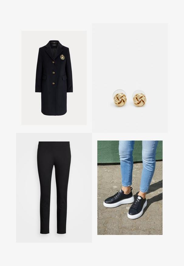 Vlnou zmiešaný tmavomodrý kabát s výstrihom s výrezom, zlatými gombíkmi a detailom erbového znaku. Má dve predné vrecká a upravený strih.; Krémovo sfarbený top s krátkym rukávom a výstrihom do tanečných lodí, vyrobený z mäkkej tkaniny. Má vyhrnuté manžety a úzky strih.; Čierne legíny vyrobené z elastického materiálu, s úzkym strihom a hladkým povrchom bez viditeľných vzorov alebo akcentov.; Čierne kožené tenisky s bielymi gumovými podrážkami, s hladkým povrchom, zaoblenou špičkou a plochými šnúrkami. Nosené s svetlomodrými džínami.; Náušnice s uzlom v zlatej farbe s prekrúteným dizajnom. Každá náušnica má kruhové priehľadné pozadie pre bezpečné nosenie.