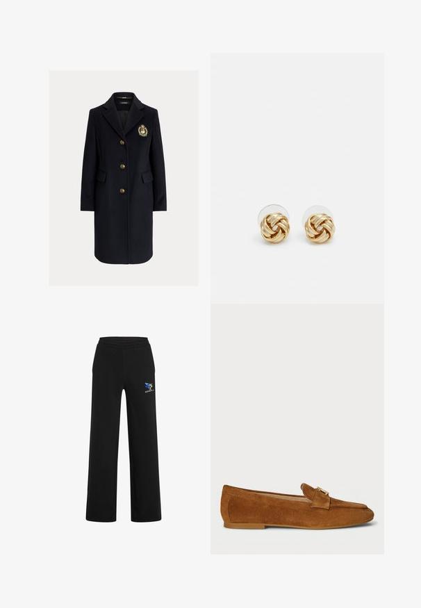 Laivastonsininen villasekoitesettti, jossa on lovettu kaulus, kultaiset napit ja vaakunadetalji. Mallissa on kaksi etutaskua ja räätälöity siluetti.; Kermanvärinen lyhythihainen pusero, jossa veneenmuotoinen pääntie ja pehmeä kangas. Joustavat hihat ovat käännetyt ja puserossa on kapea istuvuus.; Mustat collegehousut pehmeästä kankaasta, joissa on joustava vyötärönauha, suorat lahkeet ja sinivalkoinen logo vasemmalla puolella.; Ruske mokasiner av svampe med en dekorativ rem og metalldetaljer, med rund tå og flat gummisåle. Teksturerte overflatedetaljer.; Kultaketjut korvakorut, joissa on kierretystä muotoilusta valmistettu solmu. Jokaisessa korvassa on pyöreä, kirkas tausta varman käyttömukavuuden takaamiseksi.