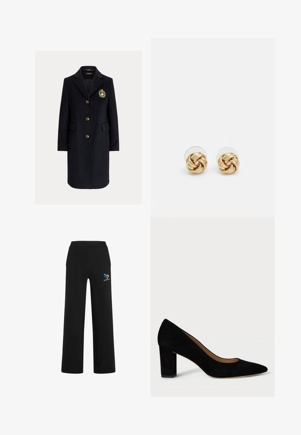 Tmavě modrý kabát z vlněné směsi s klopovým límcem, zlatými knoflíky a znakem na ozdobu. Má dvě přední kapsy a přizpůsobený střih.; Krémově zbarvený top s krátkými rukávy a výstřihem do lodi, vyrobený z měkké látky. Má vyhrnuté rukávy a úzký střih.; Černé tepláky vyrobené z měkké látky, s elastickým pasem, rovnými nohavicemi a modro-zlatým logem na levé straně.; Černá semišová vysoká bota na podpatku s špičatou špičkou a blokovým podpatkem. Design má hladký povrch a klasický siluetu.; Náušnice ve zlatém tónu ve tvaru uzlu s propleteným designem. Každá náušnice má kulatou průhlednou oporu pro bezpečné nošení.