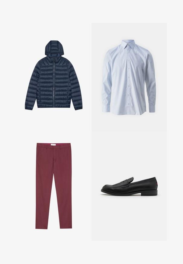 Marinblå pufferjacka med huva, quiltad textur, framfärgdragkedja och elastiska manschetter. Slät, lätt material med en lätt glänsande finish.; Ljusblå långärmad skjorta med knäppning, tillverkad av ett mjukt material, med klassisk krage och knappstängning fram. Enkel design, utan mönster.; Bordeaux skräddarsydda byxor tillverkade av slätt tyg, med snedställda sidofickor, platt front och slim fit.; Svarta läderloafers med en slät finish, rund tå och en liten dekorativ flik. Har en låg staplad klack och subtilt varumärkesdetalj.