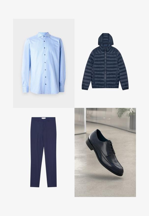 Navy pufferjack met capuchon, doorgestikt structuur, rits aan de voorkant en elastische manchetten. Glad, lichtgewicht materiaal met een licht glanzende afwerking.; Lichtblauw button-up overhemd met witte verticale strepen, lange mouwen en een gespreide kraag. Kenmerkt zich door blauwe knopen en manchetaccenten.; Marineblauwe dresspants van gladde stof, met een flat front, twee zijzakken, een ritsgulp en een schone zoom zonder patronen of accenten.; Glanzende zwarte leren schoenen met veters, zwevend boven een glad, lichtgrijze vloer en verticale metalen stangen op de achtergrond.