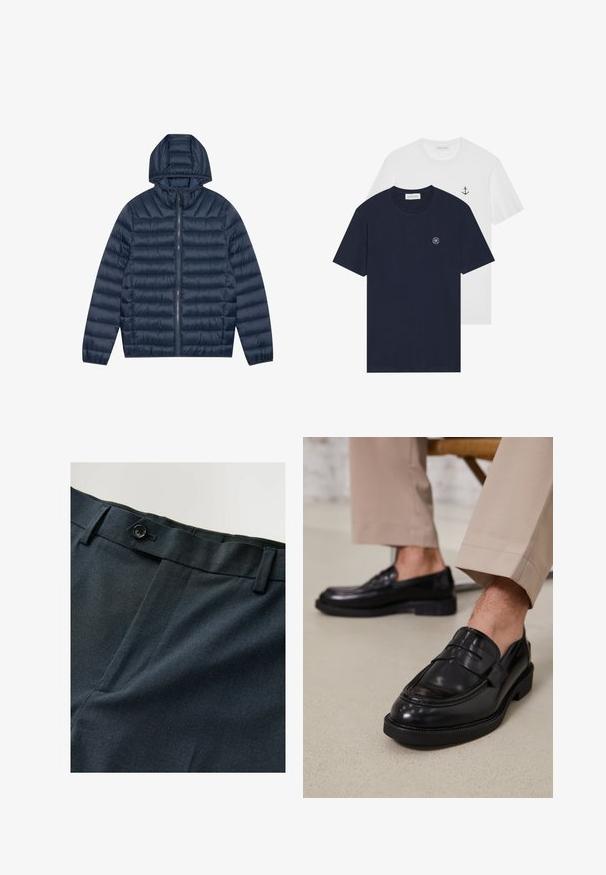Jūras spēku pufotā jaka ar kapuci, ar pārquiltu tekstūru, priekšējo zīmuli un elastīgām piedurknēm. Gluda, viegla materiāla ar nedaudz spīguļojošu apdari.; Divas T-krekli: viens tumši zils ar apaļu logotipu, otrs balts ar mazu enkura dizainu. Izgatavoti no kokvilnas, īsām piedurknēm.; Tumši zili bikses ar teksturētu audumu, ar vienas pogas aizdari un plakanu priekšu. Smalka rakstaina struktūra piešķir vizuālu interesi.; Melni ādas mokasīni ar gludu virsmu, ar dekoratīvu joslu un kontrastējošām šuvēm, apvienoti ar beidža krāsas biksēm.