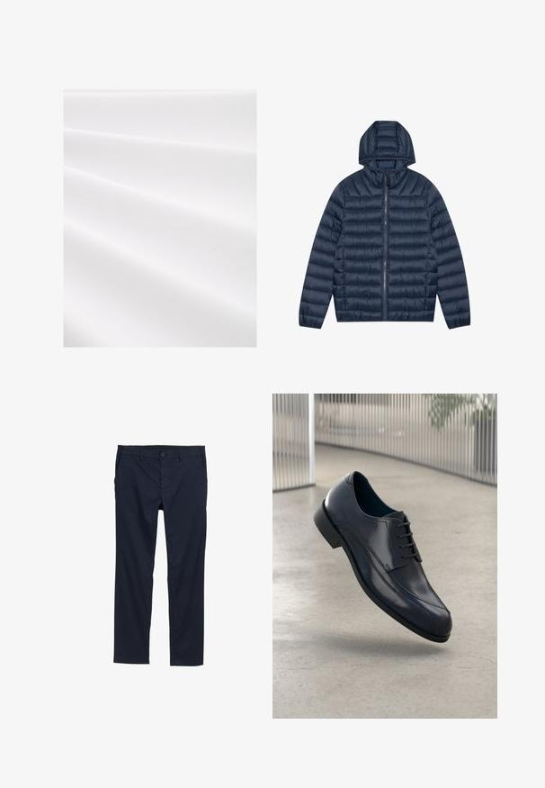 Giacca puffer navy con cappuccio, texture trapuntata, chiusura frontale con zip e polsini elasticizzati. Materiale liscio e leggero con una finitura leggermente lucida.; Tessuto bianco con una superficie texturizzata e rigata, che mostra morbide pieghe e una leggera lucentezza. Finitura liscia senza motivi o accenti visibili.; Pantaloni leggeri blu navy con texture morbida, design a gamba dritta, chiusura con bottone e tasche laterali.; Scarpa da cerimonia in pelle nera lucida con lacci, sospesa sopra un pavimento grigio chiaro e con barre metalliche verticali sullo sfondo.
