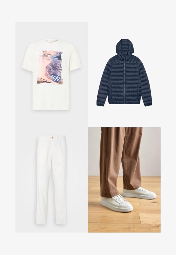 Mornarska puhovka s kapuco, kvadratno strukturirana, sprednja zadrga in elastični manšeti. Gladek, lahek material z rahlo sijočim finišom.; Bela majica s kratkimi rokavi z grafiko plaže v roza in modri barvi ter besedilom "192" in "TOM TAILOR MEETS THE SEA". Mehka bombažna tkanina.; Beli tkaninski hlače s ravnim krojem, ki imajo dve sprednji žepi in zapiranje na gumb. Gladka tekstura in čista zasnova.; Oseba v belih strukturiranih nizkih supergah in ohlapnih rjavih hlačah stoji na svetlem lesu.