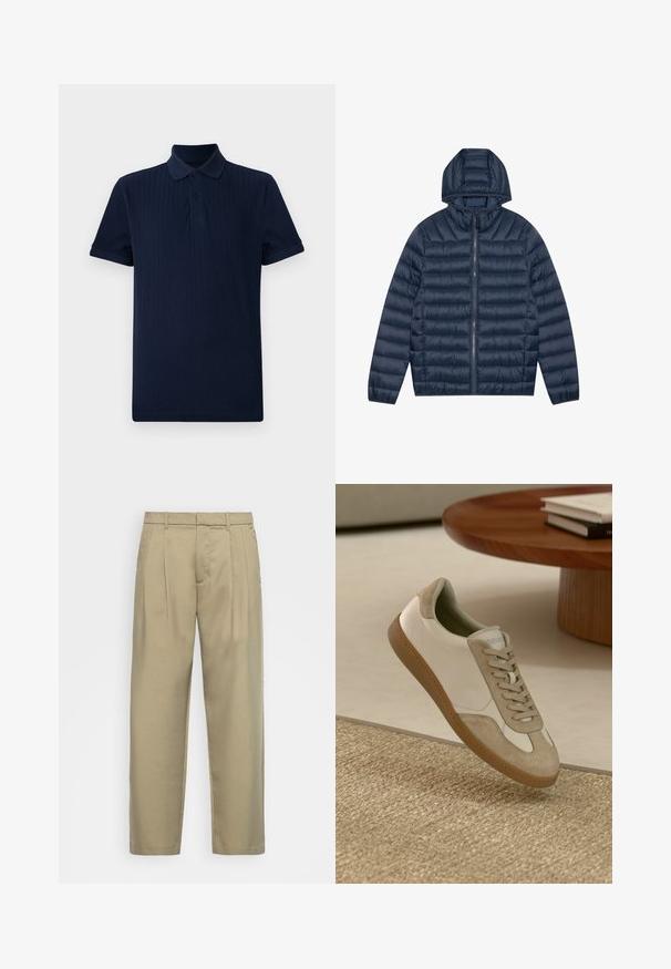 Ναυτική πνιγμένη ζακέτα με κουκούλα, επενδεδυμένη υφή, πρόσοψη με φερμουάρ και ελαστικούς καρπούς. Λείο, ελαφρύ υλικό με ελαφρώς γυαλιστερό φινίρισμα.; Ναυτικό μπλε κοντομάνικο πόλο μπλουζάκι με ραβδωτή υφή, τρεις κουμπάδες και κλασικό γιακά.; Μπεζ, ψηλόμεσοι παντελόνια με ίσια γραμμή, που διαθέτουν επίπεδο μπροστινό μέρος, πλαϊνές τσέπες και λείο, υφασμάτινο υλικό με υφή.; Ελαφρύ αθλητικό παπούτσι με λευκό δερμάτινο επάνω μέρος και μπεζ σουέτ λεπτομέρειες, στρογγυλή μύτη και υφή καφέ καουτσούκ σόλα.
