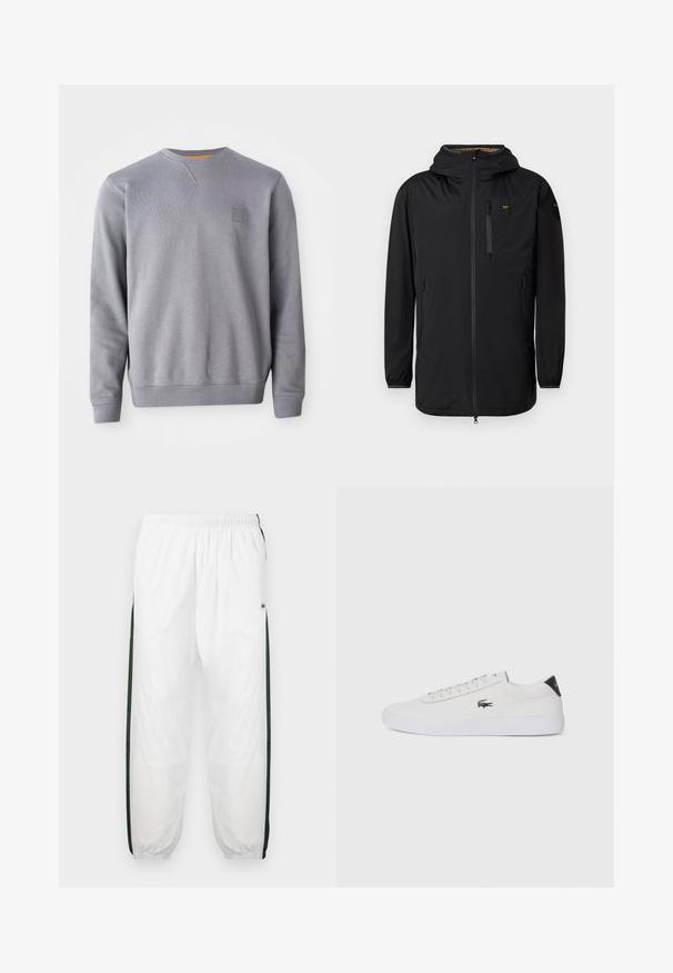 Czarna wodoodporna kurtka z kapturem, zamek błyskawiczny z przodu, kieszeń na piersi i elastyczne mankiety. Gładka tekstura, minimalistyczny design i brak widocznych wzorów.; Szary, okrągły sweter z miękkiego materiału. Posiada ściągacze u mankietów i u dołu oraz małą naszywkę z logo na piersi. Gładka tekstura.; Białe spodnie dresowe z ciemnozielonymi bocznymi panelami. Lekkie materiały, elastyczny pas i ściągacze u dołu. Zawierają siateczkową teksturę na bokach.; Białe skórzane sneakersy z okrągłym noskiem, sznurowanym przodem i czarnym akcentem na pięcie. Posiadają małe wyszywane logo krokodyla po boku.