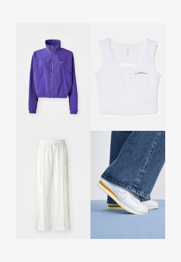 Vijolična zadrga jakna iz lahkega blaga, ki ima visok ovratnik in elastičen rob, s Small logotipom na levem prsnem delu.; Beli kratek top iz mešanice bombaža. Ima izrez v obliki ključavnice na hrbtni strani in črne tiskane logotipne podrobnosti spredaj.; Beli široki trenirka hlače z elastiko v pasu in vrvico, ki vključujejo diskreten bež stranski panel in embosiran logotip.; Bela usnjena športna-obutev z rumenimi detajli, okrogli nos, in teksturiran gumijast podplat, v kombinaciji s temno modrimi razširjenimi jeans hlačami.