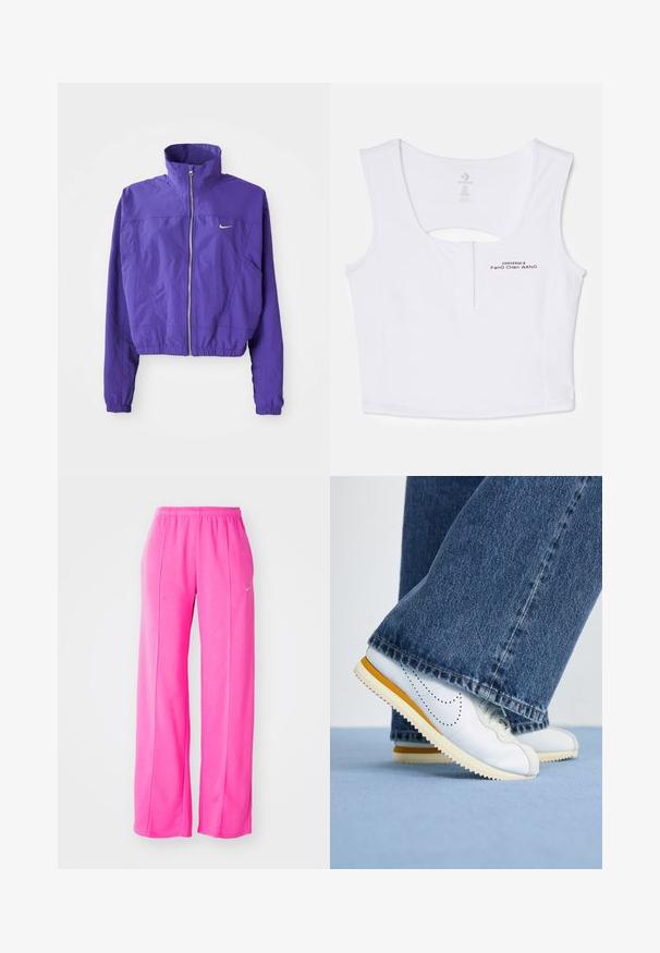 Violetinė užtrauktuku užsegama striukė, pagaminta iš lengvos medžiagos, su aukšta apykakle ir elastinga apačia, kairėje krūtinės pusėje yra mažas logotipas.; Balta trumpa viršutinė dalis, pagaminta iš medvilnės mišinio. Turi rakto skylutės formos išpjovą nugaroje ir juodai atspausdintą logotipą priekyje.; Rožinės, plačios, lengvos sportinės kelnės su elastine juosta ir šoninėmis siūlėmis. Sukurtos su mažu logotipu viršutinėje kairėje šlaunoje.; Baltos odinės sportbačiai su geltonais akcentais, apvaliu pirštu ir tekstūruotu guminio pado dizainu, derinami su tamsiai mėlynomis plačiomis džinsinėmis kelnėmis.
