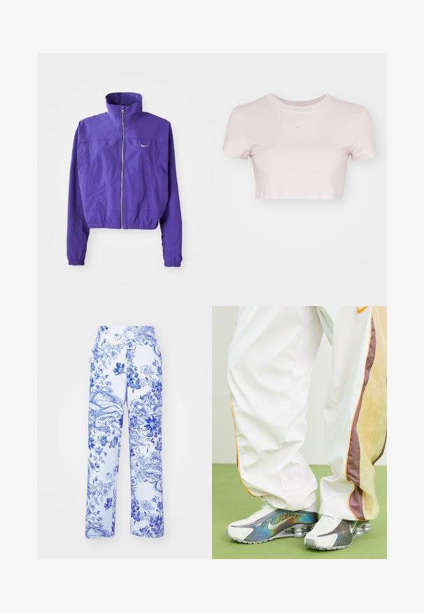 Fioletowa kurtka zapinana na zamek, wykonana z lekkiego materiału, z wysokim kołnierzem i elastycznym wykończeniem, z małym logo na lewej piersi.; Przycięta koszulka w jasnym różu, wykonana z miękkiego materiału. Posiada okrągły dekolt i krótkie rękawy z małym białym logo Nike na klatce piersiowej.; Białe spodnie z niebieskim kwiatowym i krajobrazowym nadrukiem, z prostymi nogawkami i bocznymi kieszeniami. Tkanina ma teksturowane wykończenie.; Białe, lekkie spodnie dresowe z pomarańczowymi i brązowymi akcentami, w zestawie z srebrnymi i białymi butami Nike z odblaskowym wzorem i widocznymi poduszkami powietrznymi.